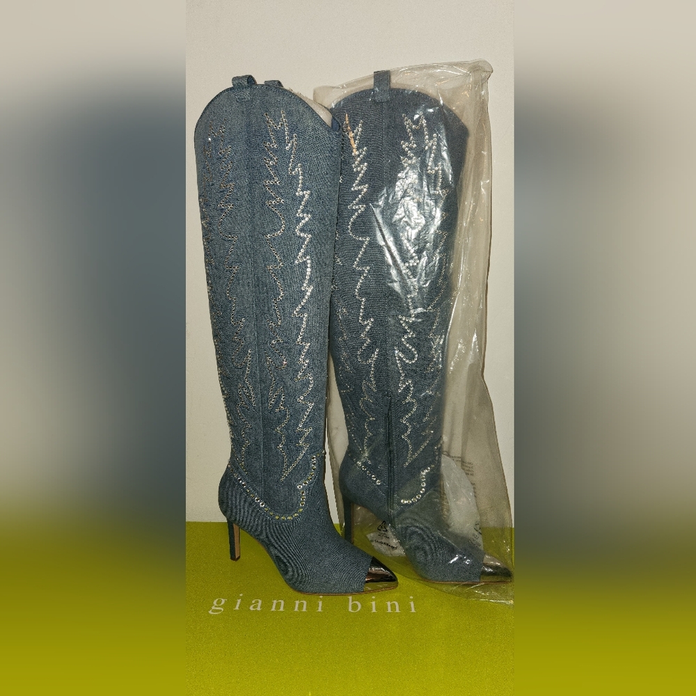 Gianni Bini Denim & Rhinestone Tall Western High Heel Boots